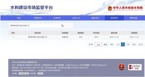 博纳斯威阀门荣获水利部AAA信用等级