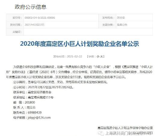 凯科阀门入选2020年度嘉定区小巨人计划奖励企业名单