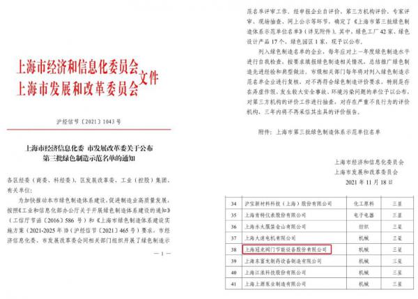 上海冠龙阀门节能设备入选“工业产品绿色设计示范企业”