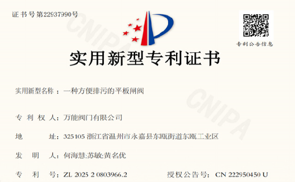 万能阀门有限公司获得方便排污平板闸阀专利，进一步增强市场竞争力